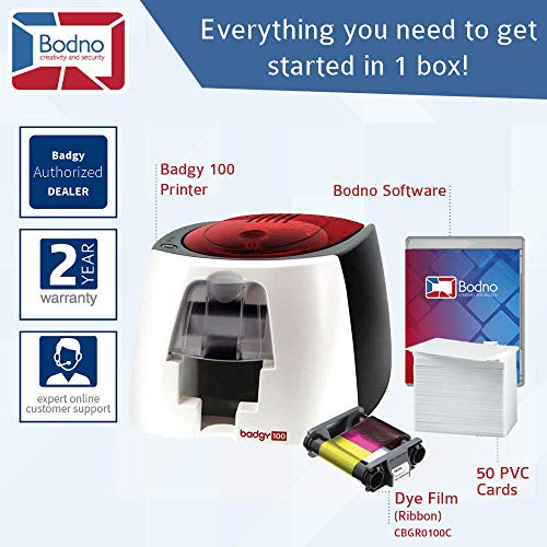 Badgy100 ID Card Printer with Complete Supplies Package with Bodno ID Software - Bronze Edition
