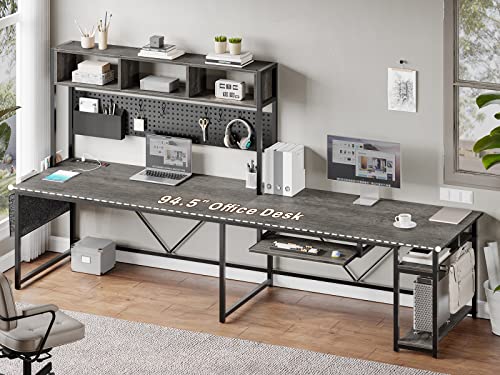 SEDETA L Shaped Desk with Power Outlet, Pegboard, LED Light - Grey