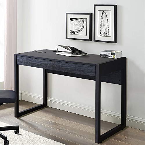 M MAJOR-Q 99400-4827JET Tone 52" W Computer Desk with Two Drawers, Power Outlet, USB Ports-Sturdy Wooden Study, Home Office Writing Laptop Table Blue Finish, Dark Grey and Black