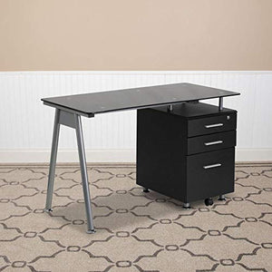 Flash Furniture Black Glass Computer Desk with Three Drawer Pedestal