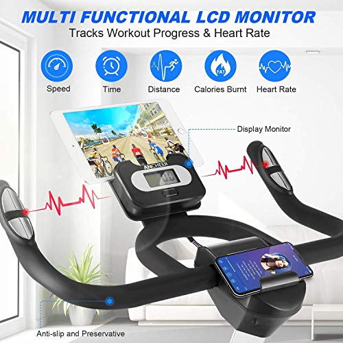 FUNMILY Indoor Cycling Bike - Stationary Exercise Bikes with LCD Monitor, Adjustable Resistance, Pad/Phone Holder, Heart Rate, Quiet for Home/ Office Workout (Black)
