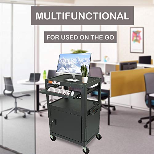 POCHAR Height Adjustable Steel Frame AV Cart with Keyboard Tray, Locking Cabinet, and 5ft 9in Power Strip