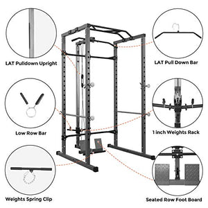 Kicode Power Squat Rack, Power Cage with LAT Pulldown Attachment, Strength Training Exercise Equipment for Home Gym, Weightlifting Bench Press Weight Rack