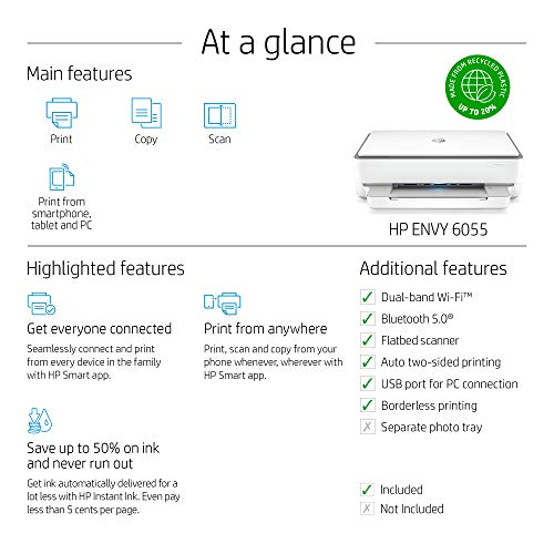 HP ENVY 6055 Wireless All-in-One Printer, Mobile Print, Scan & Copy, Works with Alexa (5SE16A)
