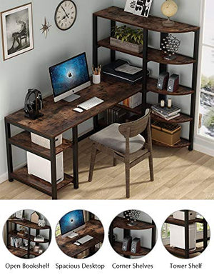 Tribesigns Industrial Computer Desk with 5 Tier Storage Shelves, 67 inch Large Office Desk Study Writing Table Workstation with Corner Bookshelf and Tower Shelf for Home Office, Retro Brown