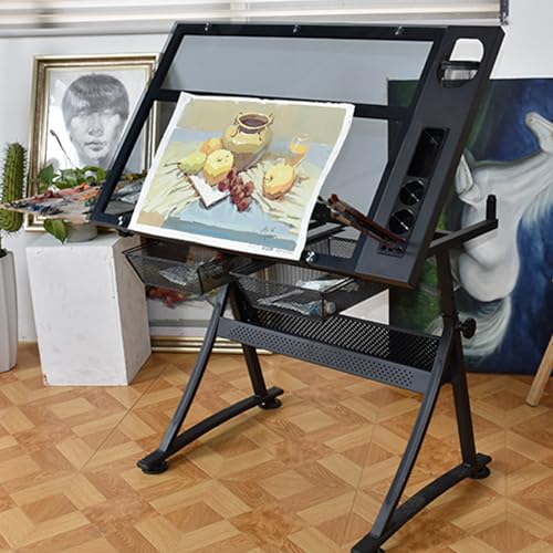 TemkIN Height Adjustable Glass Topped Drafting Table with Drafting Stool