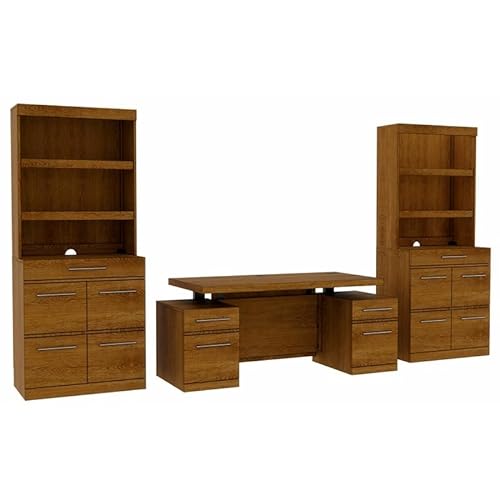 RoomAndLoft Adjustable Height Sit-Stand Desk with Drawers and File Drawer Bookcases