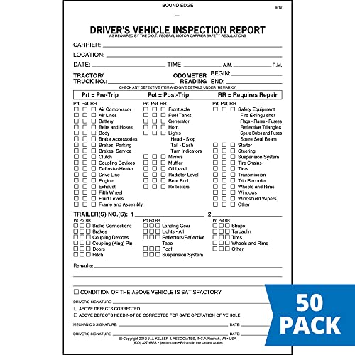 Detailed Driver's Vehicle Inspection Report (Pre- & Post-Trip) 50-pk. - Book Format, 2-Ply Carbonless, 5.5" x 8.5", 31 Sets of Forms Per DVIR Book - Meet FMCSR Requirements - J. J. Keller & Associates