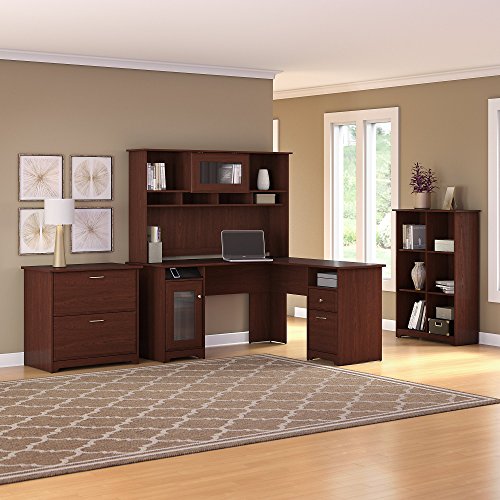 Bush Furniture Cabot L Shaped Desk with Hutch, 6 Cube Organizer and Lateral File Cabinet in Harvest Cherry