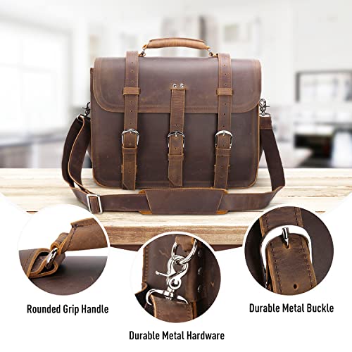 Polare Full Grain Leather 16'' Briefcase Shoulder Messenger Bag Fit 14-15.6'' Laptop Case For Men