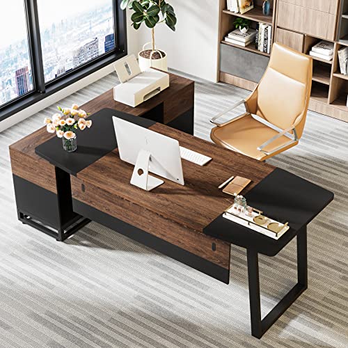 Tribesigns Executive Desk and Lateral File Cabinet Set, L-Shaped Computer Desk with Storage, Walnut/Black
