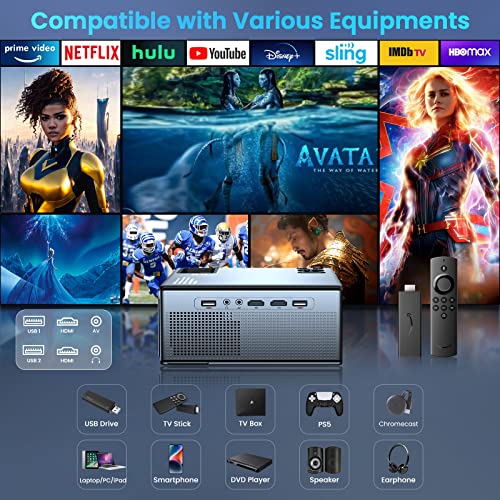 FUDONI 1080P 15000L Outdoor Projector with 5G WiFi, Bluetooth, HDMI, USB - Max 300" Display, Zoom Function - Movies & Gaming