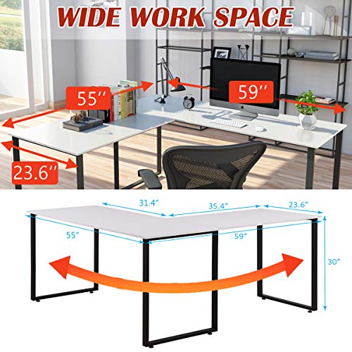 L-Shaped Corner Desk, Industrial Office Corner Desk PC Table Writing Workstation for Home Office Large L Study Desk Executive Office Desk with Adjustable Foot Pads, White