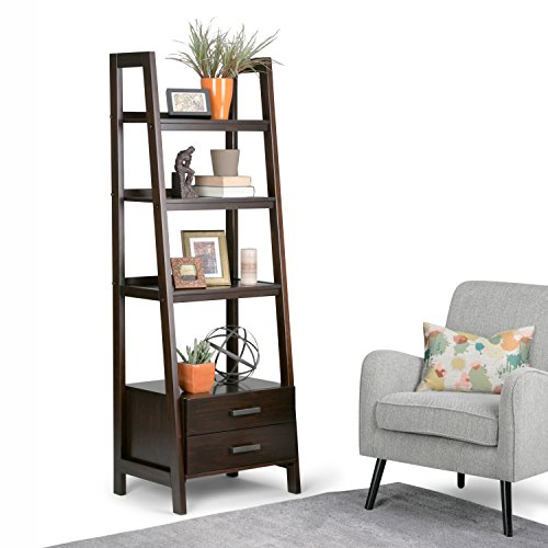 Simpli Home 3AXCSAW-06-BR Sawhorse Solid Wood 72 inch x 24 inch Modern Industrial Ladder Shelf with Storage in Dark Chestnut Brown