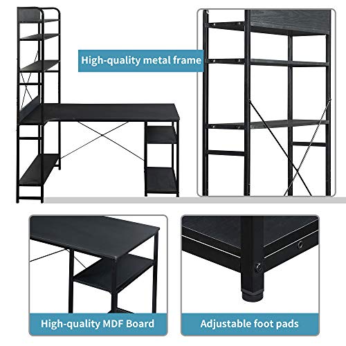 54" Reversible Large Computer Desk with 8 Storage Shelves, Office Desk Study Table Writing Desk Workstation with Hutch Bookshelf for Home Office, Black