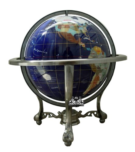 Unique Art 21-Inch Tall Blue Lapis Ocean Table Top Gemstone World Globe with Silver Tripod and Separated State Stones