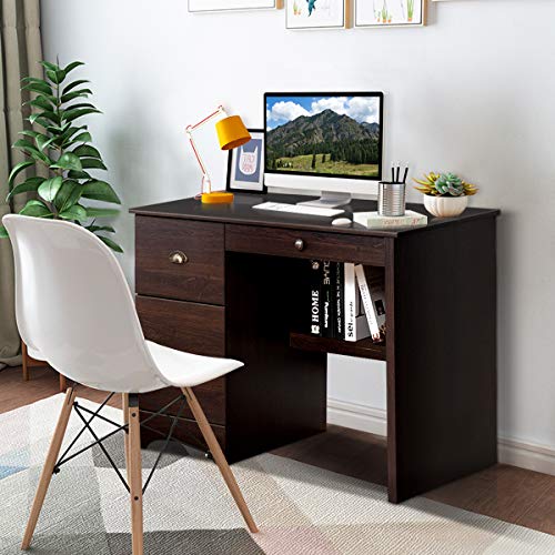 Tangkula Computer Desk, Wood Frame Home Office Desk with Storage Drawer and Shelf, Computer Workstation with Spacious Desktop, Ideal for Bedroom, Living Room, Office (Walnut)