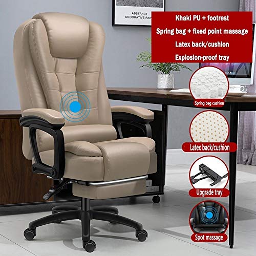 MXSXO Desk Chairs Executive Swivel Computer Chair High Back Ergonomic Design 150kg Load Massage PU Recliner Tilt Mechanism with footrest Used for Home Office Furniture (Color : Khaki)