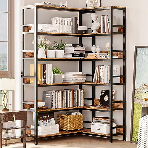 IRONCK Industrial 6-Tier Corner Bookshelf with Baffles - Metal Frame Storage Rack for Home Office