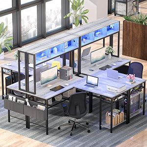 Unikito L Shaped Computer Desk with LED Strip, Power Outlets, Storage Shelves, Bag, USB Port - White Oak