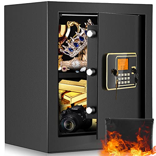 1.7 Cub Medium Home Safes Fireproof Waterproof - Digital Security Box with Dual Safety Key and Combination Lock for Money Gun Cash Jewelry