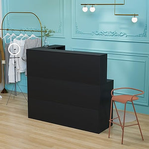 LEADZM L-Shaped Reception Desk with Counter, Lockable Drawers, Adjustable Shelf - Black (55.9" W x 18.9" D x 48" H)