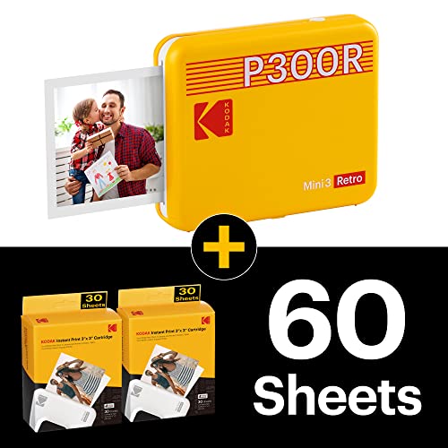 KODAK Mini 3 Retro 3x3” Portable Photo Printer (60 Sheets) - Compatible with iOS, Android & Bluetooth Device, Real Photo, 4Pass Technology & Laminating Process, Print Photos – Yellow