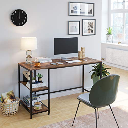 Homfa Computer Desk with 2 Shelves, 55 in Length Study Writing Table, 2-in-1 Large Office Desk with Metal Legs, Adjustable feet, Modern Furniture for Home Office, Study Room-Rustic Brown