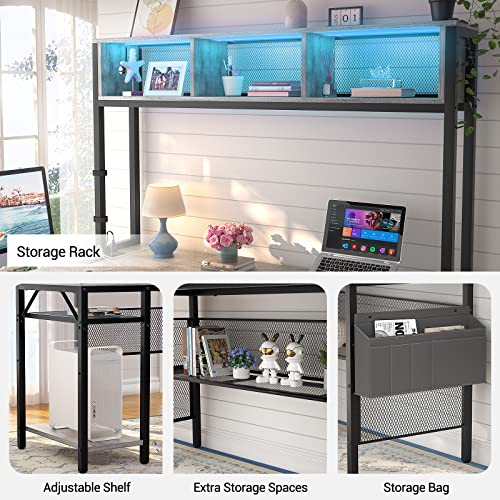 Unikito L Shaped Computer Desk with LED Strip, Power Outlets, Storage Shelves, Bag, USB Port - White Oak