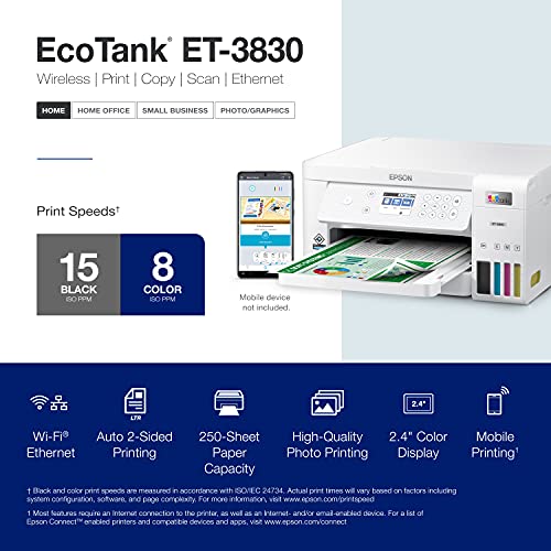 Epson EcoTank ET-3830 Wireless Color All-in-One Cartridge-Free Supertank Printer with Scan, Copy, Auto 2-Sided Printing and Ethernet – The Perfect Printer for Productive Families