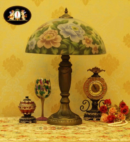 Roses hand-painted stained glass table lamp