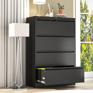 AQY 4 Drawer Lateral File Cabinet with Lock, Steel Wide File Cabinets - Black