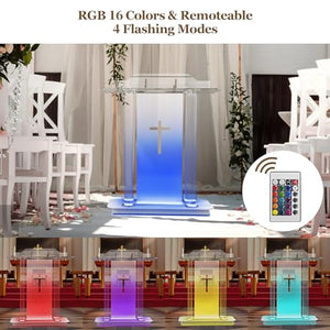 LIZAKI Acrylic Pulpit with Remoteable 16 Colors, Brake Swivel Wheels, 3.77ft Prayer Bench, Movable Reading Platform