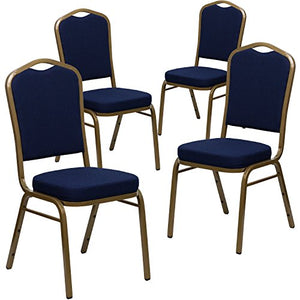 Flash Furniture 4 Pack HERCULES Series Crown Back Stacking Banquet Chair Navy Blue Patterned Fabric Gold Frame