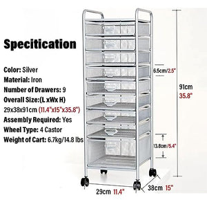 WAHHWF Rolling File Cabinet with Drawers, Metal Mesh Craft Cart Organizer with Wheels - Silver, 9 Drawers