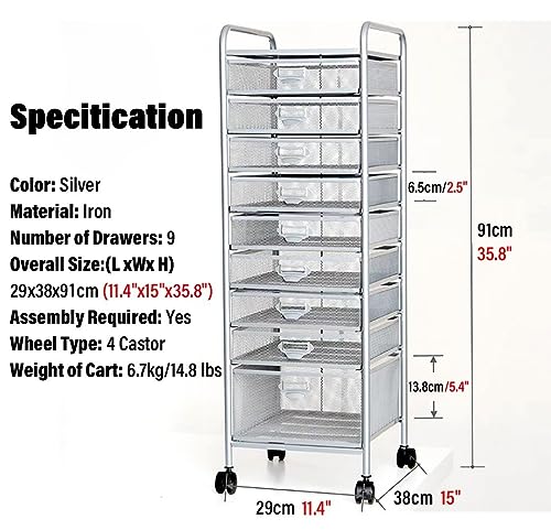 WAHHWF Rolling File Cabinet with Drawers, Metal Mesh Craft Cart Organizer with Wheels - Silver, 9 Drawers