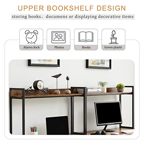 Extra Long Double Computer Desk Home Office Desk Workstation with 4-tier Storage Shelf for 2 Persons, Retro Wood Study Desk Writing Table with Spacious Tabletop & Adjustable Feet for Small Space Brown