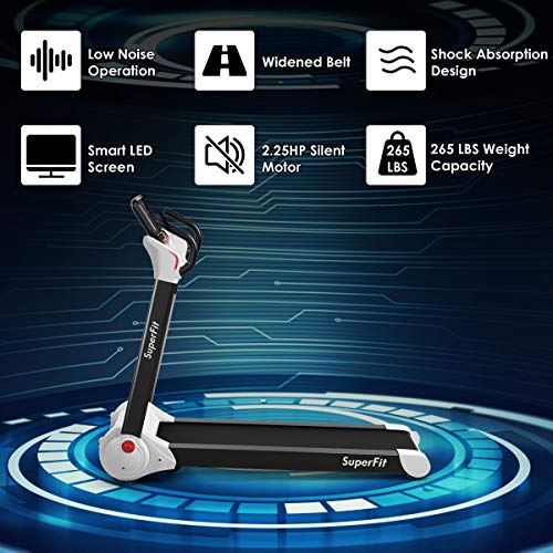 GYMAX Folding Treadmill, 2.25HP Electric Motorized Running Walking Machine with LED Touch Screen & Bluetooth Speaker, Portable Cardio Workout Treadmill for Home Gym Office (White)
