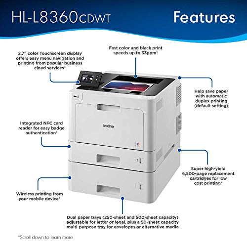 Brother Business Color Laser Printer, HL-L8360CDWT, Wireless Networking, Automatic Duplex Printing, Mobile Printing, Cloud Printing, Amazon Dash Replenishment Ready