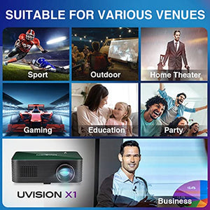 UVISION Native 1080P Projector (1920 x 1080p) Advanced Dustproof & Keystone Correction Design Extend Lifetime, Home & Office LCD Video Projector, Compatible: Fire TV Stick, Roku, Laptop, Tablets, PS5