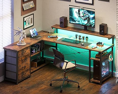 AODK 61" L Shaped Desk with Drawer, Power Outlets & LED Lights, Reversible Corner Gaming Desk