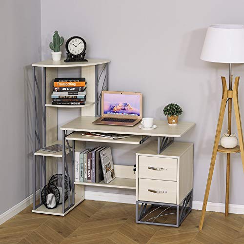 HOMCOM Modern Computer Desk with 4-Tier Bookshelf, Home Office Writing Table Workstation with Tower Storage Shelves Keyboard Tray & Lockable Drawers, Natural