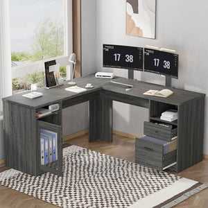 IdeaKey L Shaped Desk with File Cabinet and Storage Drawers, Power Outlets, Executive Office Desk, Retro Grey, 60 Inch