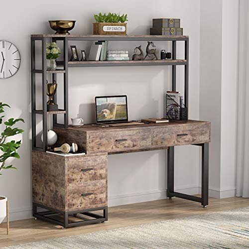 Tribesigns 55 Inch Computer Office Desk with 4 Drawers and Storage Shelf, Industrial Study Writing Table Workstation with Hutch and Bookshelf for Home Office (Brown)