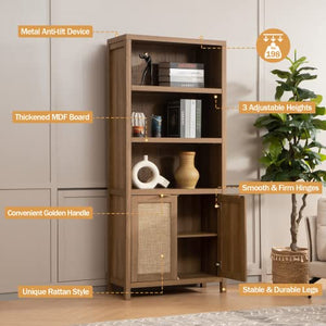 SICOTAS 5 Tier Rattan Boho Bookcase with Doors - Oak