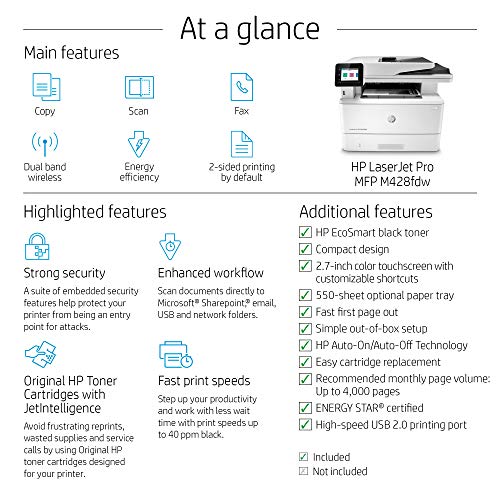 HP LaserJet Pro Multifunction M428fdw Wireless Laser Printer (W1A30A), White, One Size