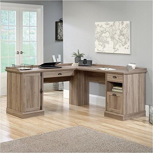Pemberly Row Home Office L Shaped Corner Desk with Computer Tower Storage Salt Oak Finish