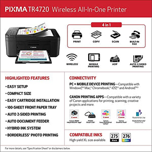 Canon PIXMA TR47 20 All-in-One Multifunction Wireless Color Inkjet Printer, Black - Print Copy Scan Fax - 4800 x 1200 dpi, 8.5 x 14, 2-Line LCD Display, Auto Duplex Printing, 20-Sheet ADF