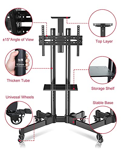 YokIma TV Stand with Wheels, Fits 42-65 Inch TV, Black Rolling Cart with AV Shelf