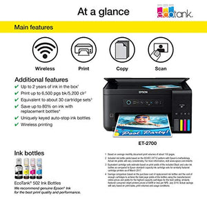 Epson Expression ET-2700 EcoTank Wireless Color All-in-One Supertank Printer with Scanner and Copier, Large